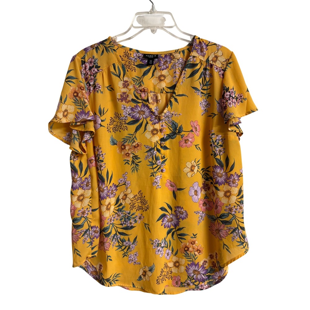 Torrid Harper Mustard Yellow Floral Georgette Blouse Short Flutter Sleeve 00 M